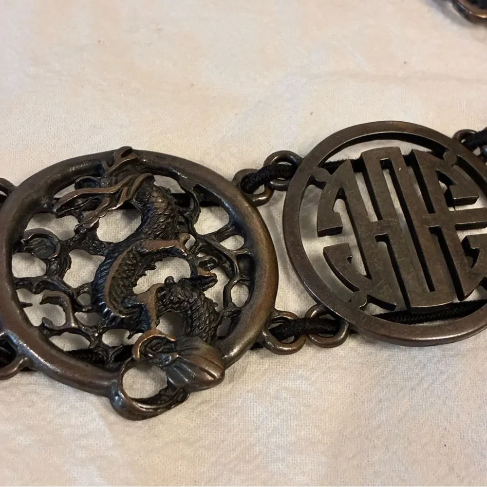 Asian Theme Metalwork Dragon Character Symbols Metal Expandable Belt Size Large